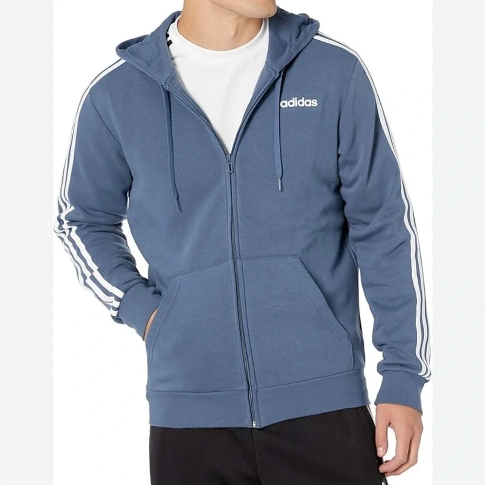 ADIDAS Essentials 3 stripes full zip fleece hoodie. Sweatshirt. Medium Blue. NWT